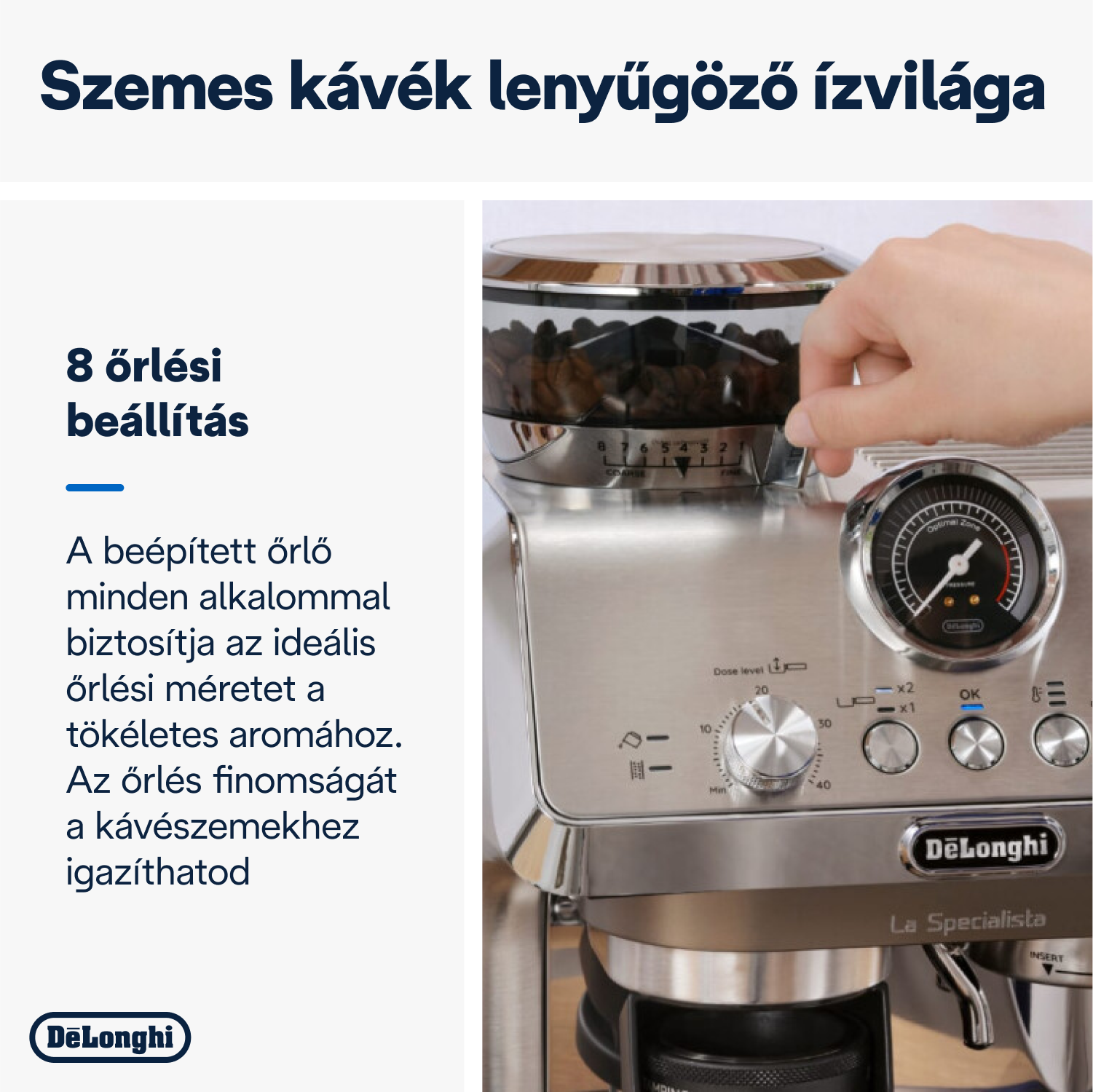 Kávéfőző, a babtartályt, a vezérlőpanelt és egyéb részleteket mutatja.