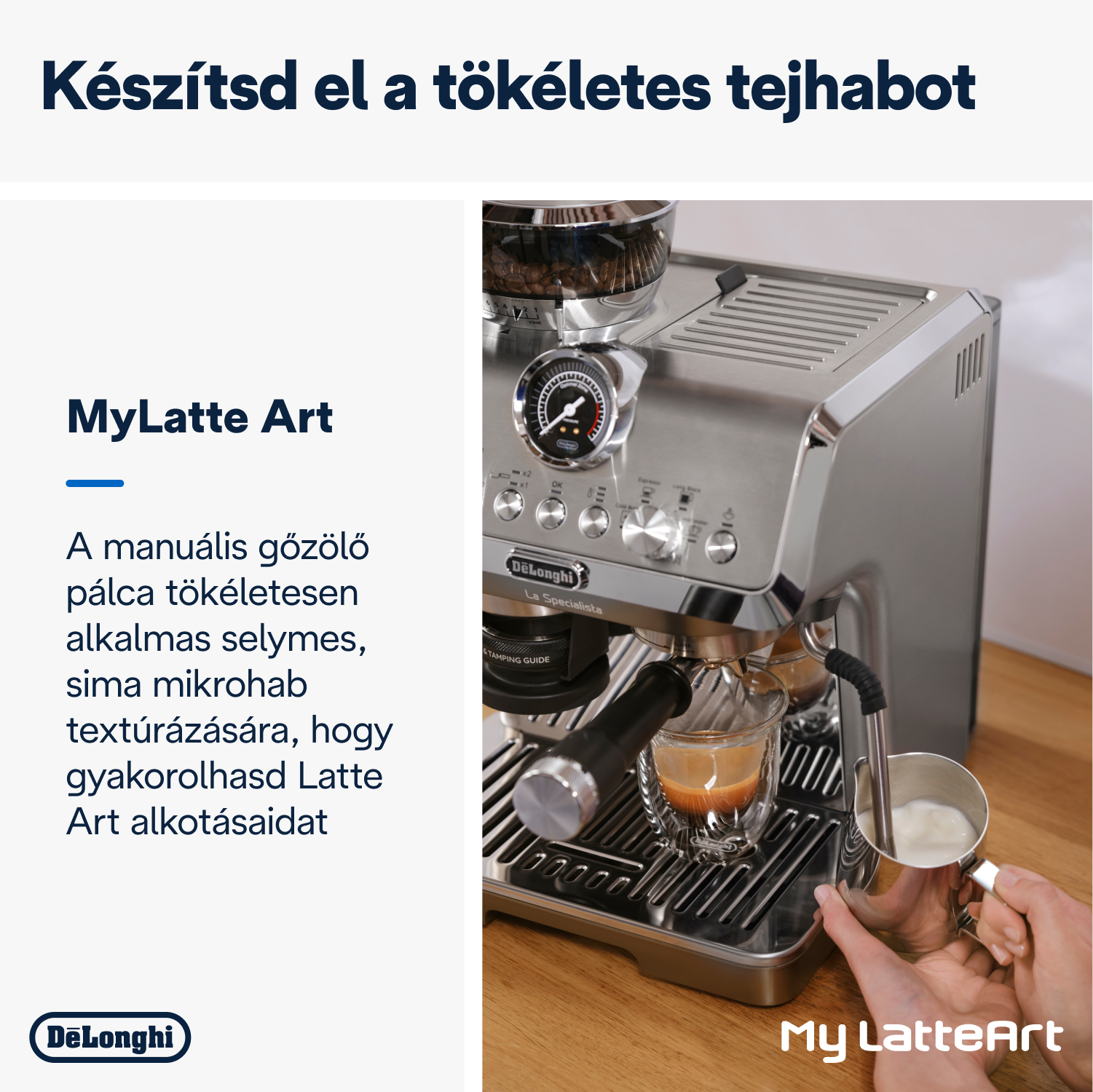 Egy személy latte artot készít egy kávéfőzővel.