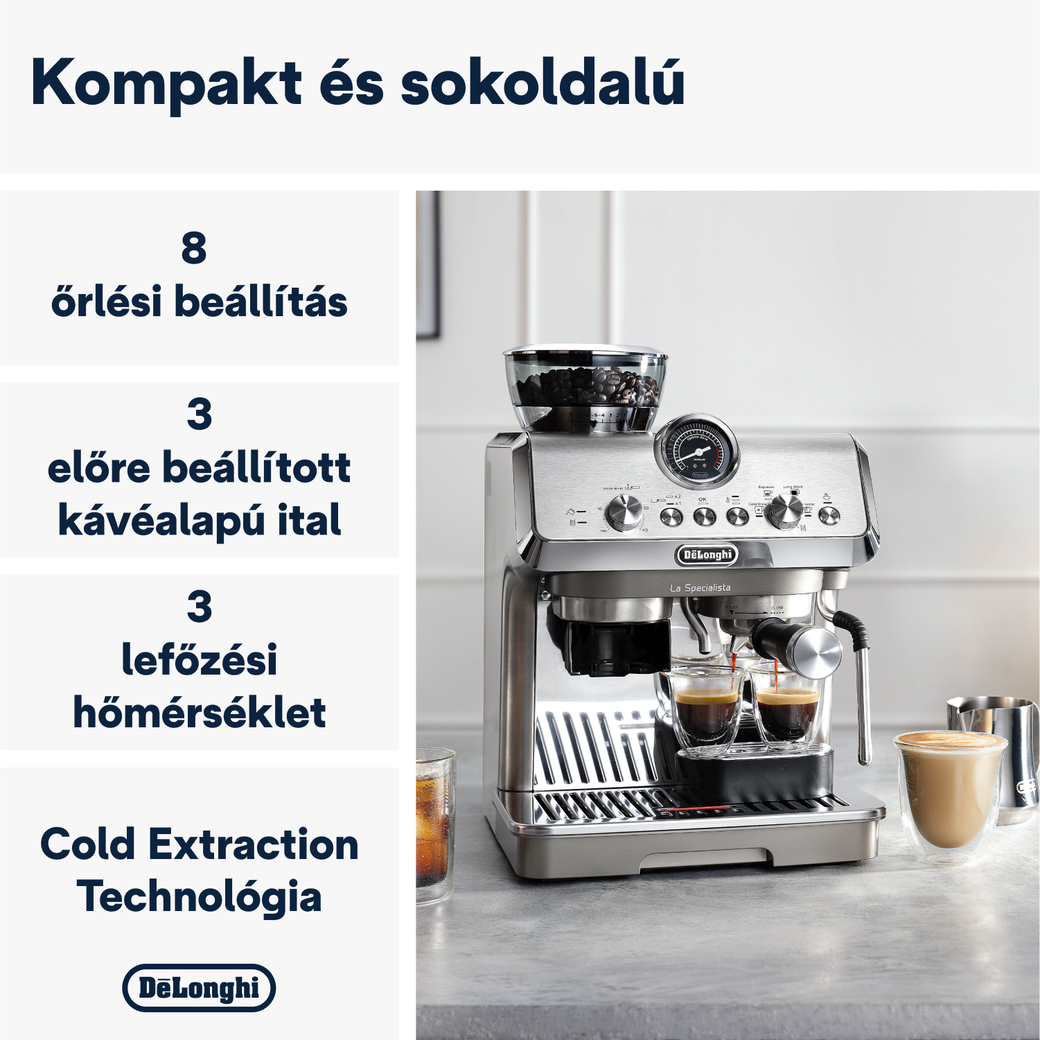 Kávéfőző gép szöveggel és ikonokkal a beállításokról, a lövésekről és a hőmérsékletről. Szürke háttér.