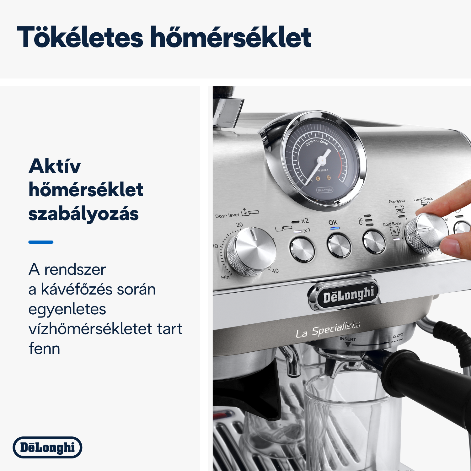 Egy eszpresszó gép közeli képe, egy tárcsával és egy kézzel, amely egy gombot állít.