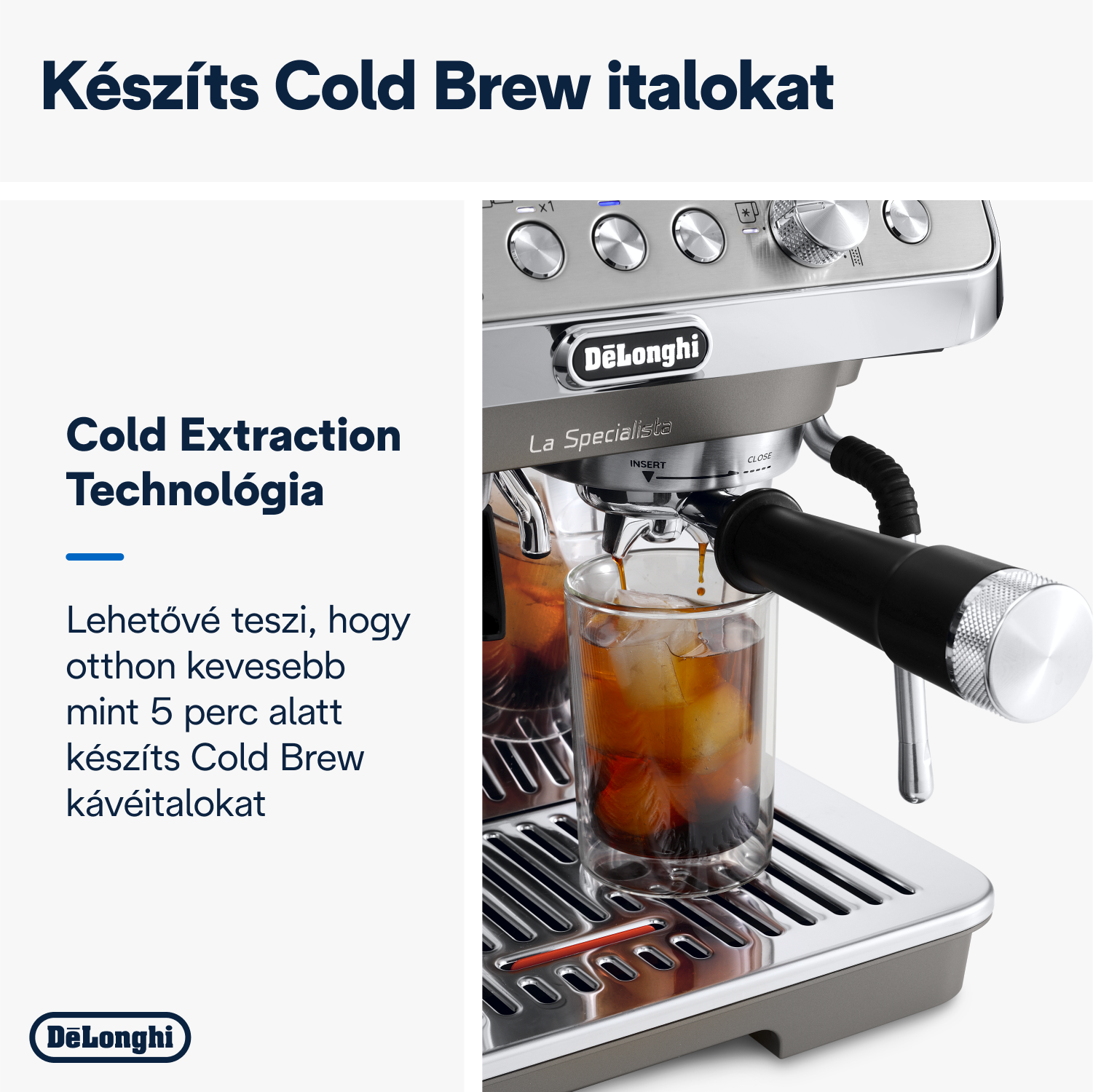 Ezüst eszpresszó gép, egy pohár jeges kávé öntés közben.