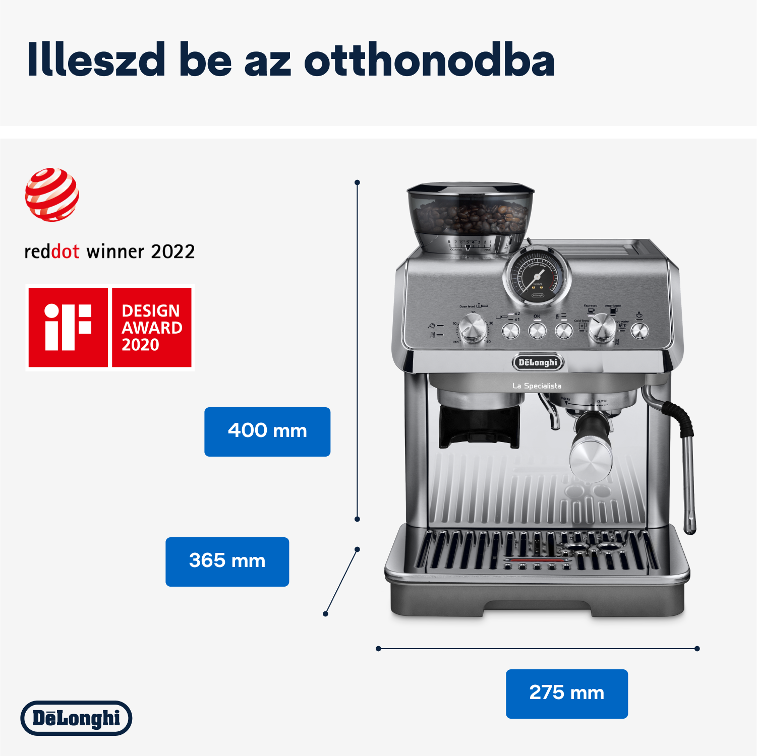 Ezüst eszpresszó gép. Méretek és díjak láthatók, a márkanévvel együtt.