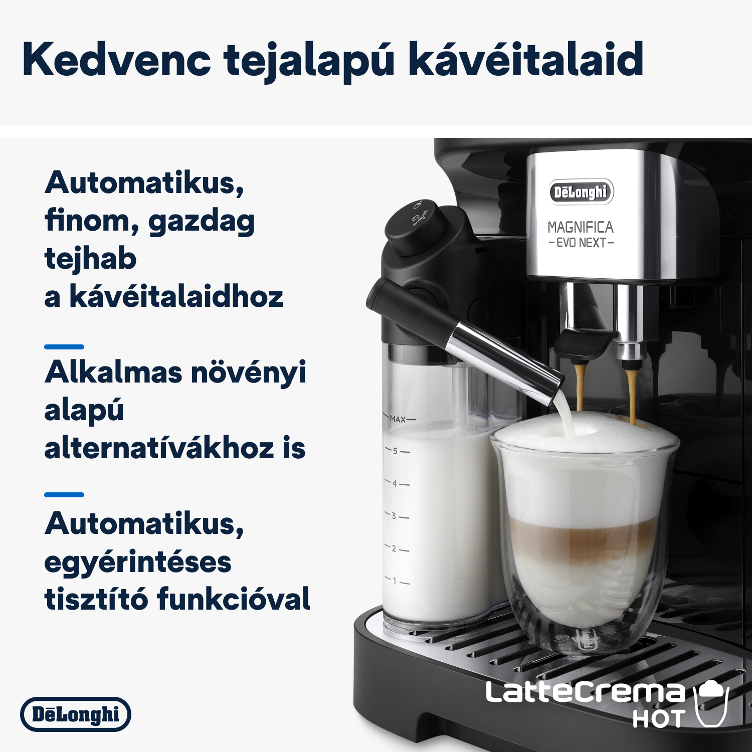 Egy DeLonghi eszpresszó gép, amint egy latte-t öntenek egy pohárba. Van egy tejtartálya.