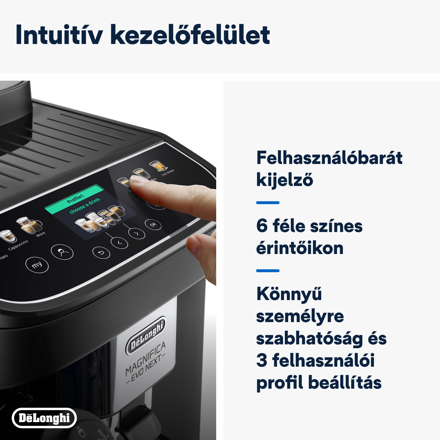 Espresszó gép, ahogy egy kéz érinti a képernyőt. Német nyelvű szöveg. Fekete gép, fehér háttér.
