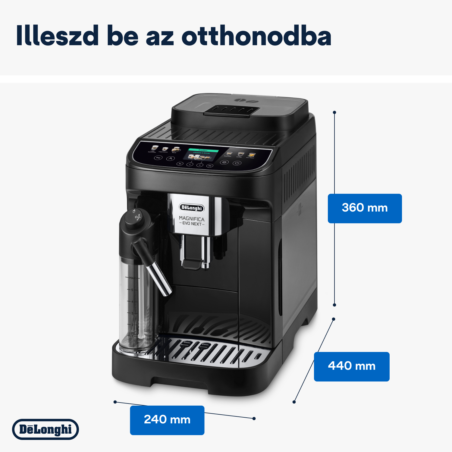 Fekete kávéfőző, méretekkel: 240x440x360mm, DeLonghi logó.