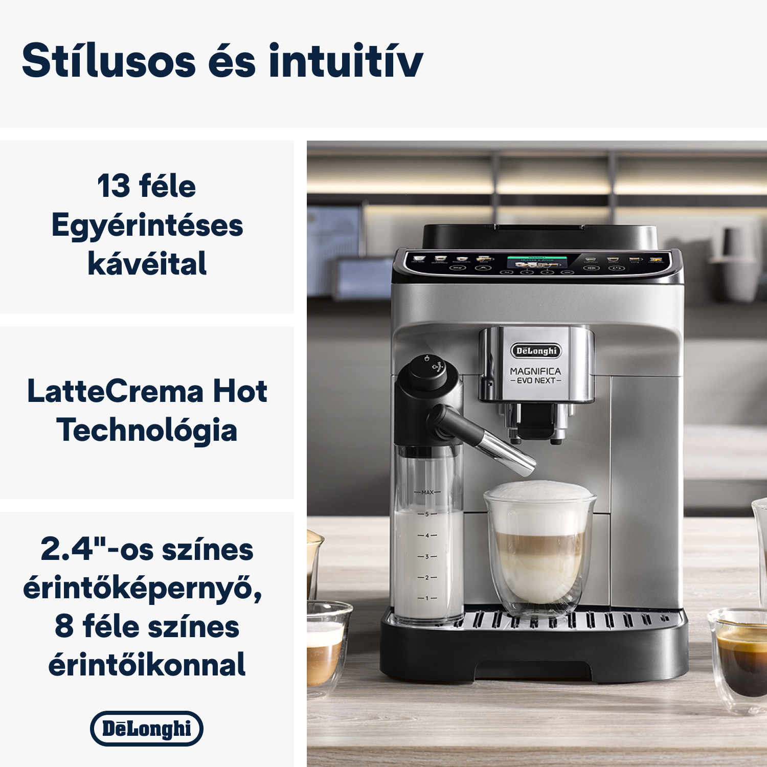 Kávéfőző gép szöveggel. Pohár latte-val, érintőképernyővel és egyéb ikonokkal. Ezüst és fekete színek.