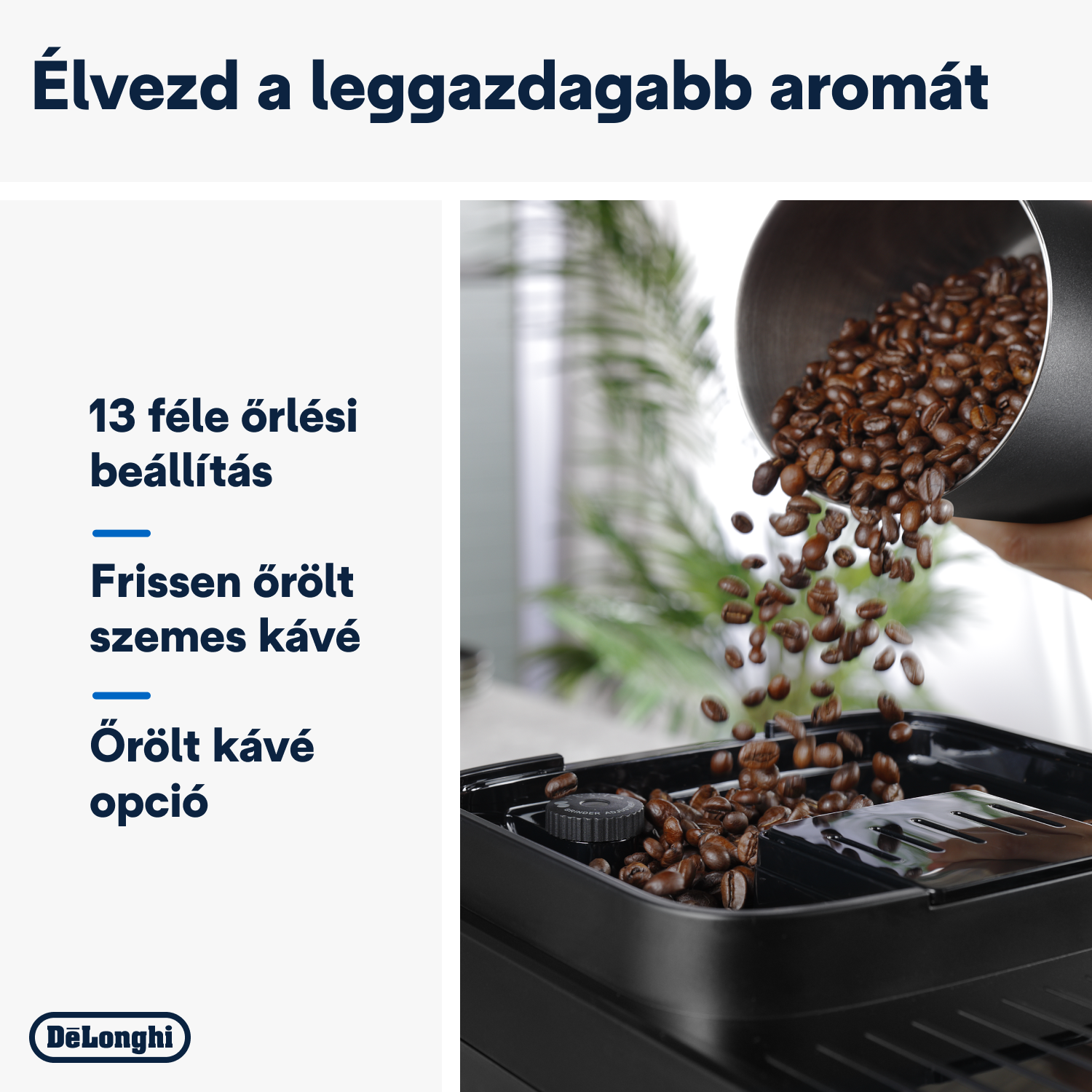 Kávébabok egy kávéfőzőbe öntve, szöveggel a beállításokról és az aromáról.