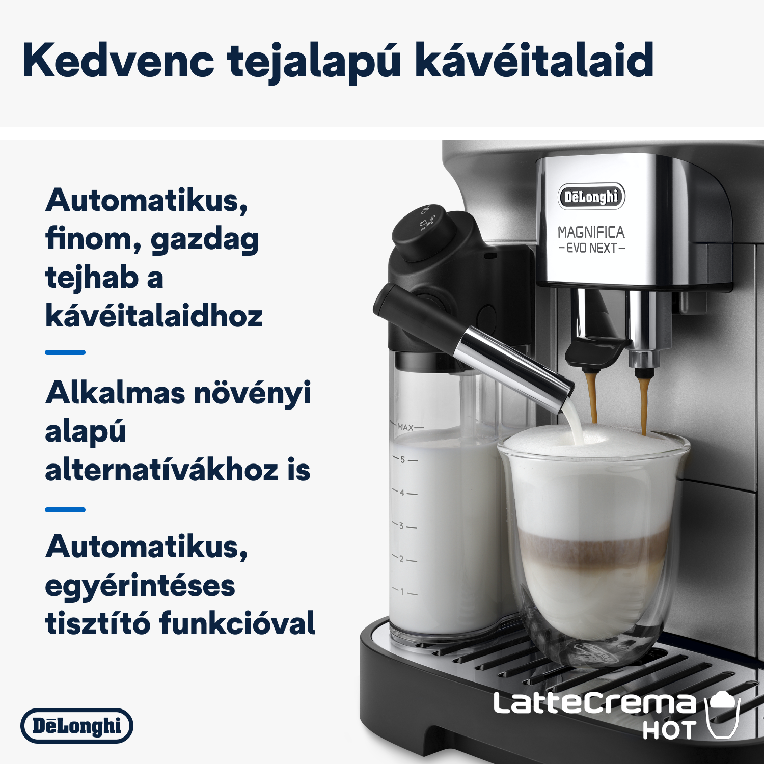 Egy kávéfőző, melynek szövege a funkciókat írja le, és egy latte egy pohárban.