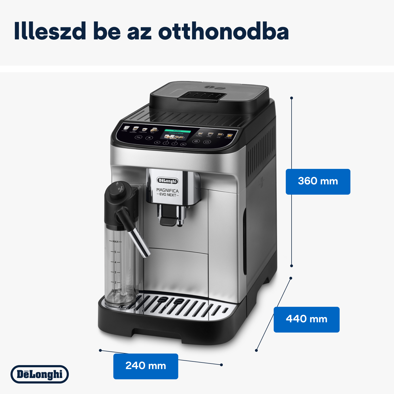 Kávéfőzőgép méretekkel fehér háttérrel.