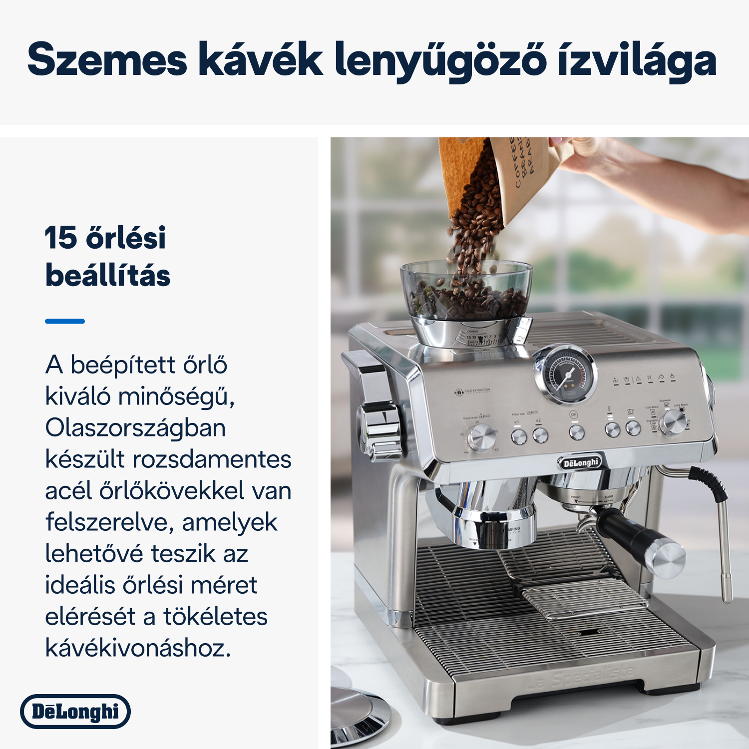DeLonghi eszpresszó gép kávébabbal, magyar nyelvű szöveggel, ami a gépet írja le.