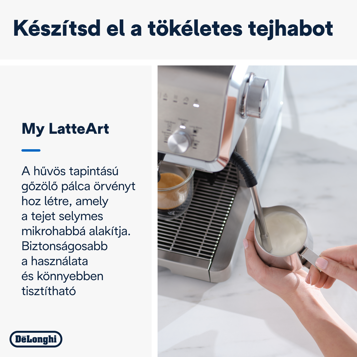 Egy kávéfőző közeli képe felhabosított tejjel, bemutatva a gőzfúvókát és egy csészét.