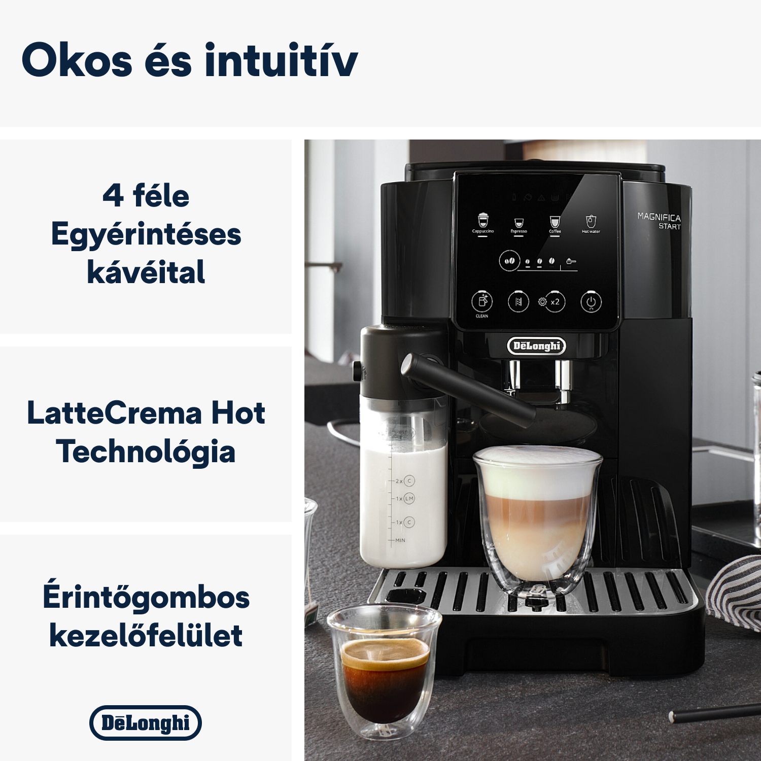 Fekete kávéfőzőgép szöveggel és egy latte-val egy pohárban, és egy eszpresszóval egy csészében.