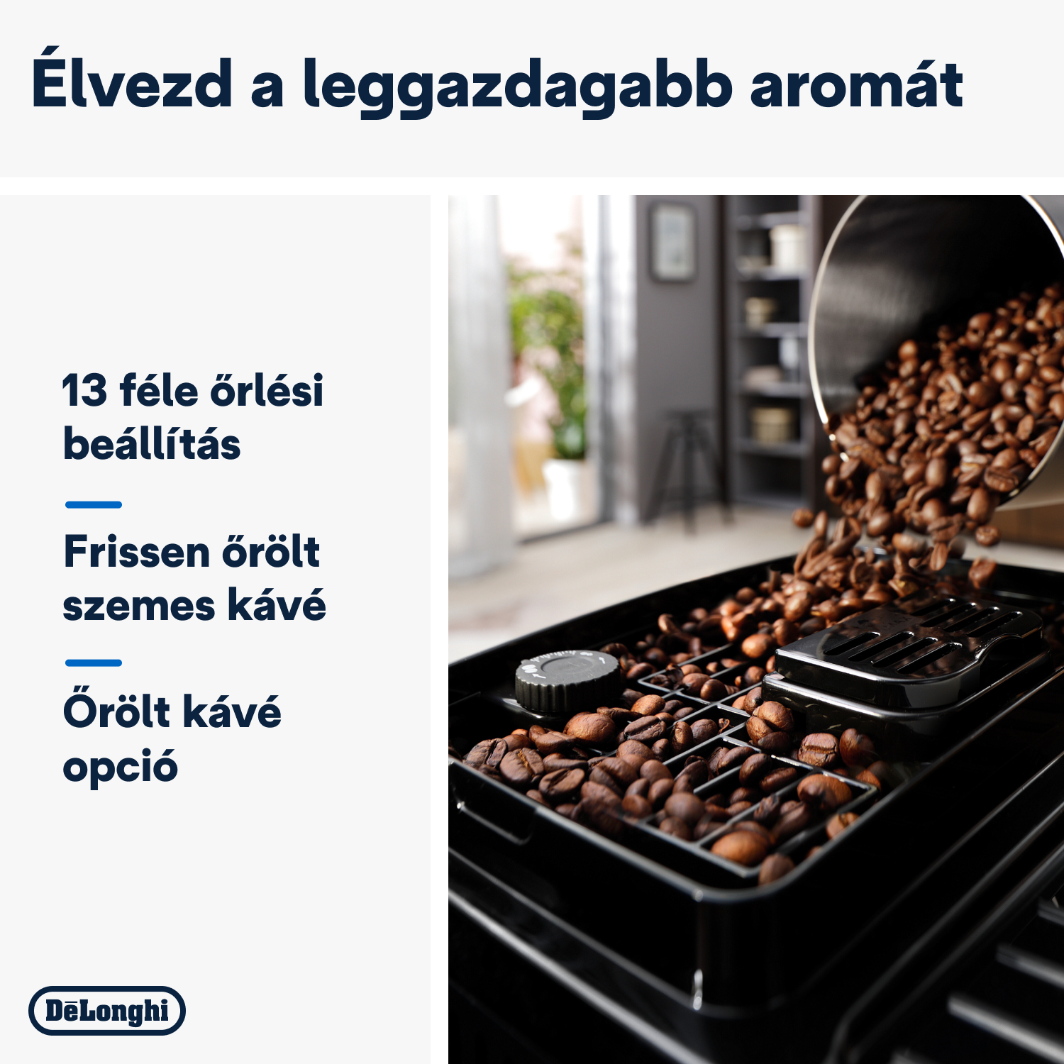 Közelkép kávébabokról, amint egy fekete kávéfőzőbe öntik őket.