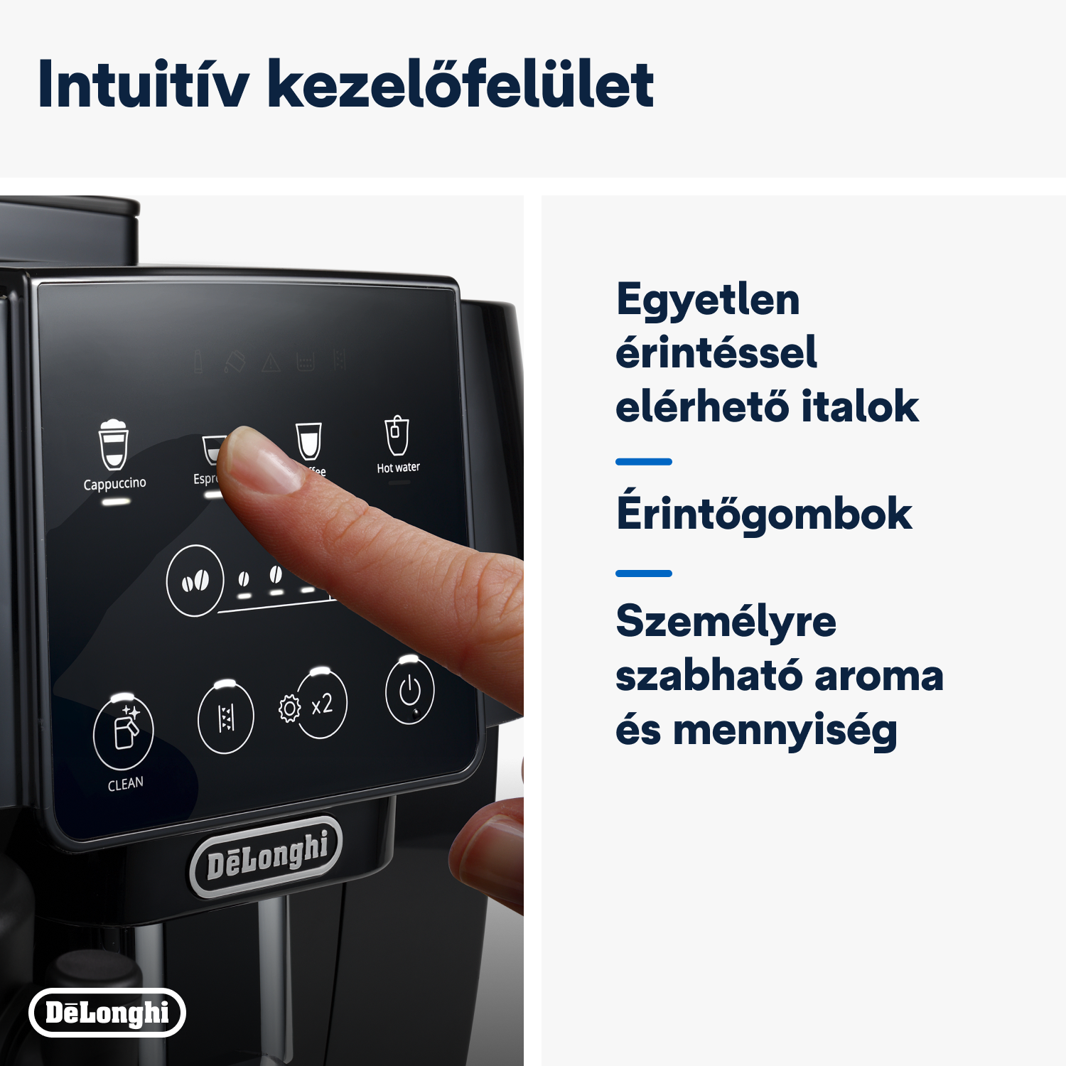 Egy személy megérinti egy fekete kávéfőző érintőképernyőjét kávé ikonokkal.