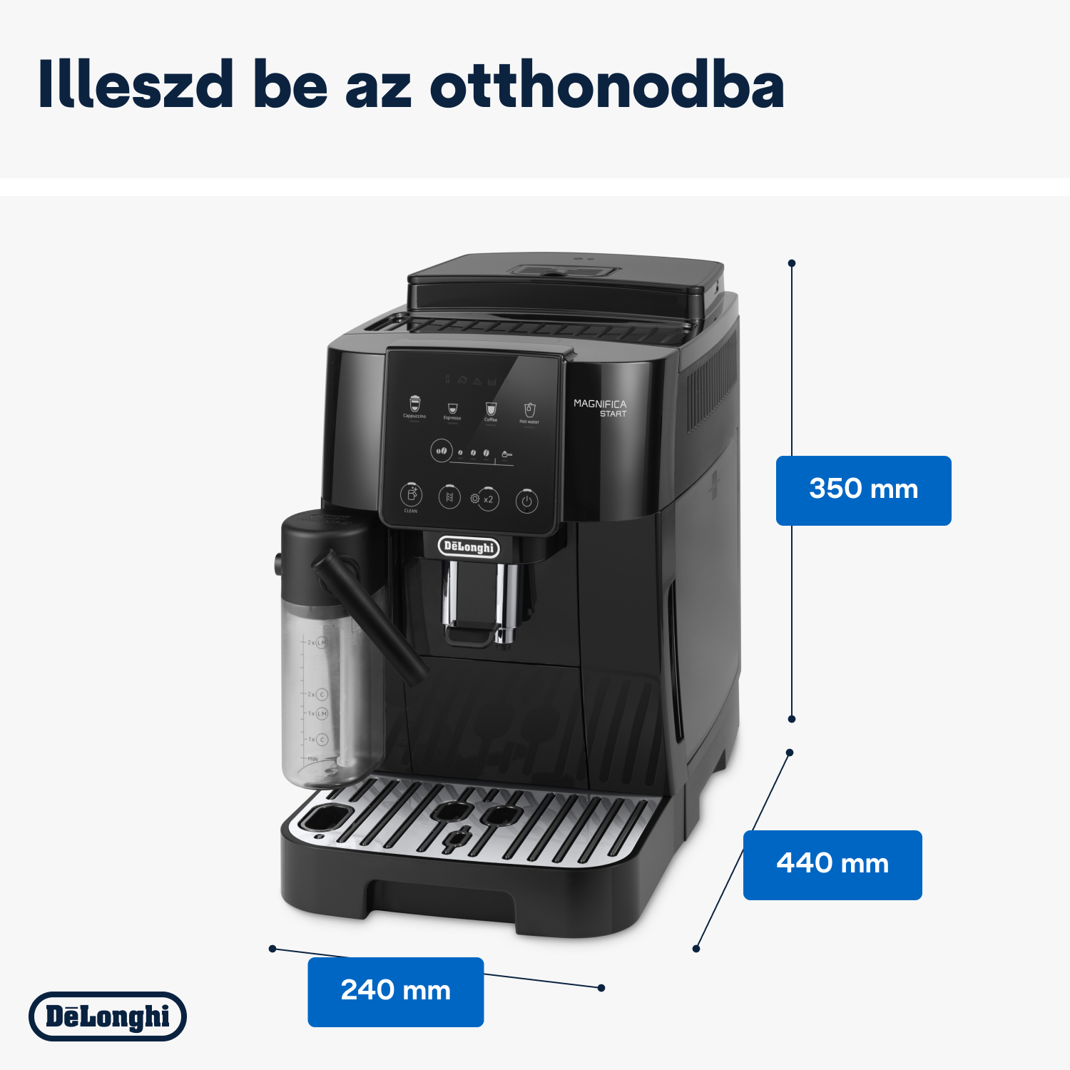 Fekete DeLonghi kávéfőző méretekkel. A bal oldalon egy víztartály. Szöveg: 240mm, 440mm, 350mm.