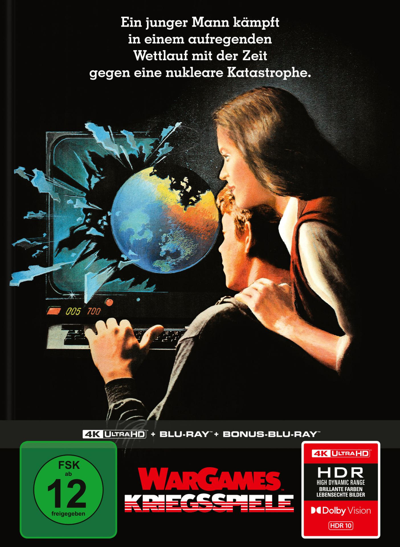 Filmplakat, Mann benutzt Computer, Frau schaut über die Schulter, deutscher Text, dunkle Ästhetik.