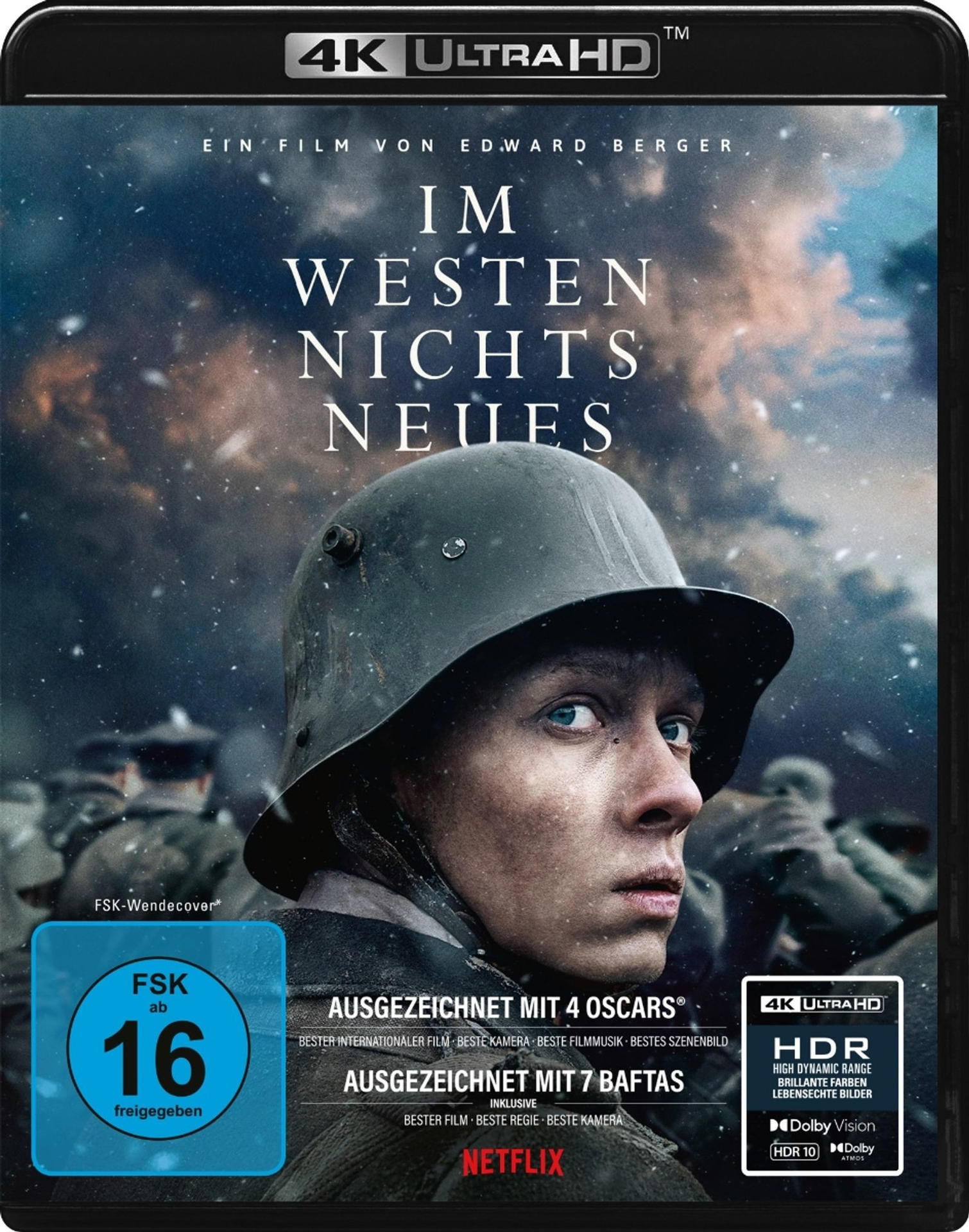 4K UHD-Filmcover. Ein Soldat mit Helm blickt den Betrachter an. Text sagt 'Im Westen nichts Neues'.