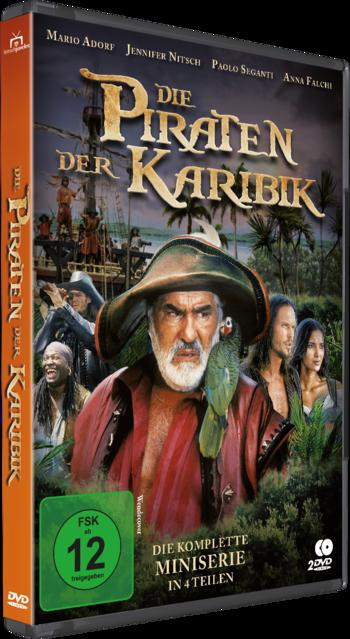 DVD-Hülle mit dem Filmtitel 'Die Piraten der Karibik' und Bildern von Schauspielern.