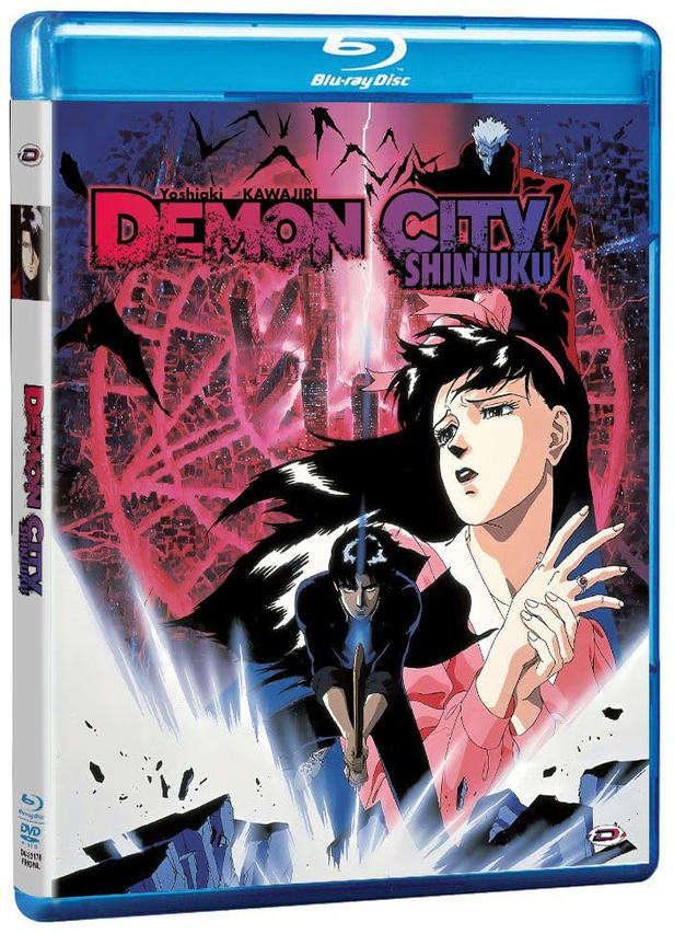 Blu-ray-Cover, Anime-Kunst. Frau blickt auf, Mann hält Schwert. Titel: Demon City Shinjuku.
