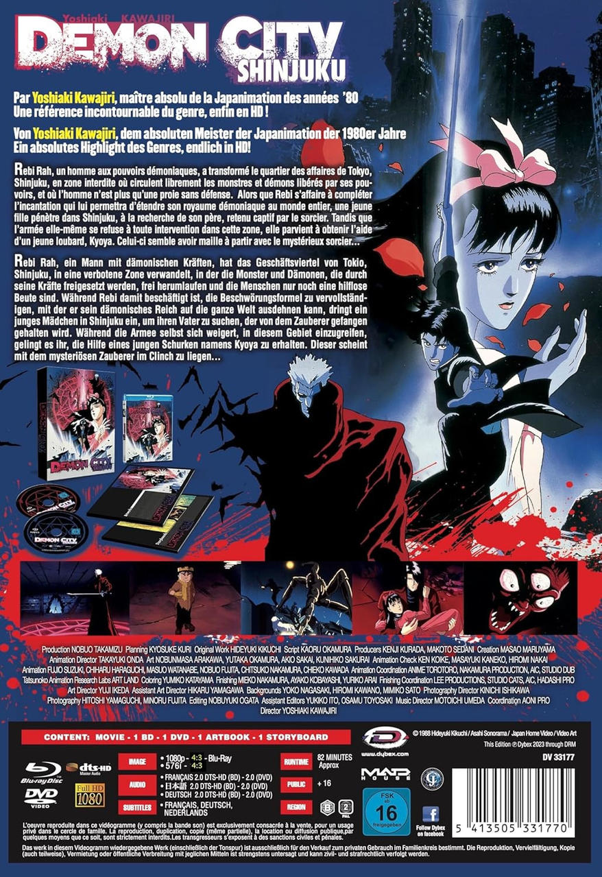 Rückseite einer DVD mit Anime-Kunst, ein Mann und eine Frau vor einer Stadt. Japanischer Text und Credits.