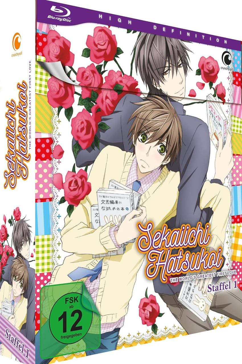 Anime-Box-Set-Cover. Zwei Männer umarmen sich. Rote Rosen. Japanischer Text. Titel 'Sekaiichi Hatsukoi'.