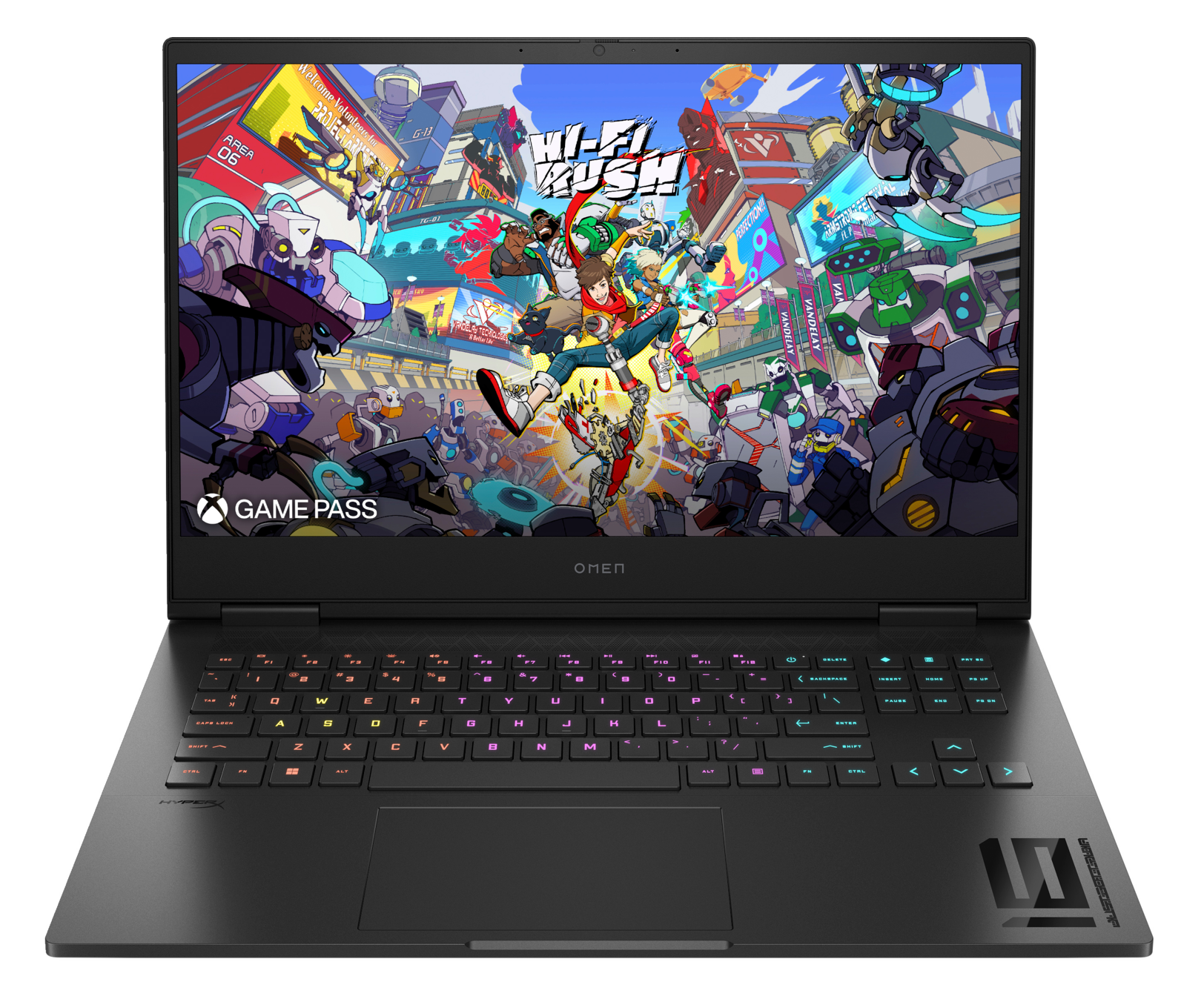 Czarny laptop do gier, ekran wyświetla kolorową scenę z gry z tekstem: HI-FI RUSH.