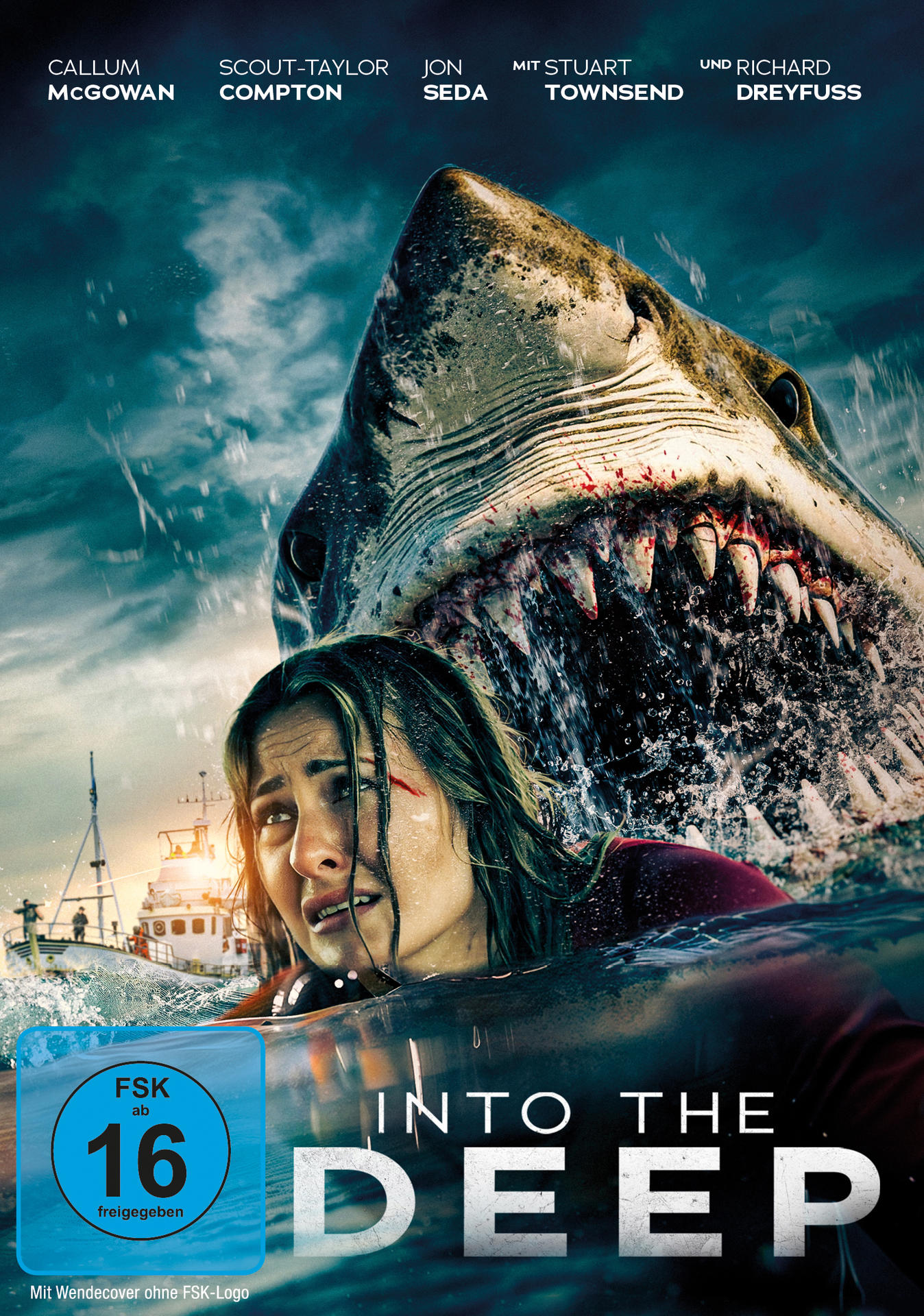 Filmposter einer Frau im Wasser, die von einem Hai angegriffen wird. Titel "Into the Deep" sichtbar.