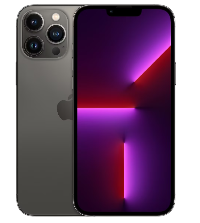 Üç arka kameralı koyu gri bir iPhone. Ekran mor ve kırmızı bir gradyan gösteriyor.