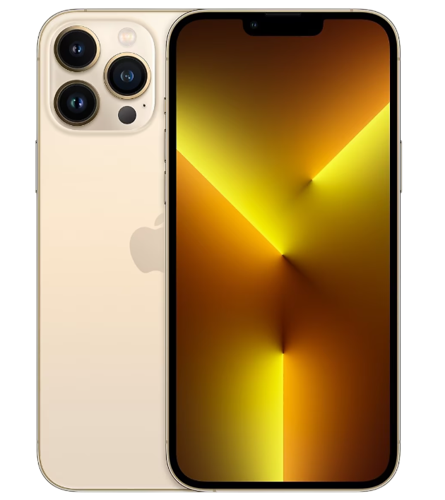 Altın iPhone 13 Pro. 3 arka kameraya sahiptir. Ekran sarı ve altın bir geçiş gösteriyor.