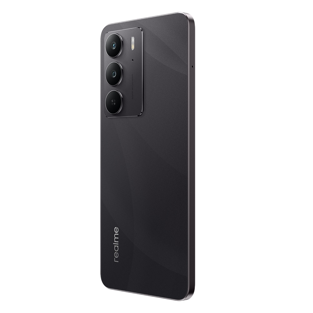 Üç kameralı siyah telefon, arka görünüm.