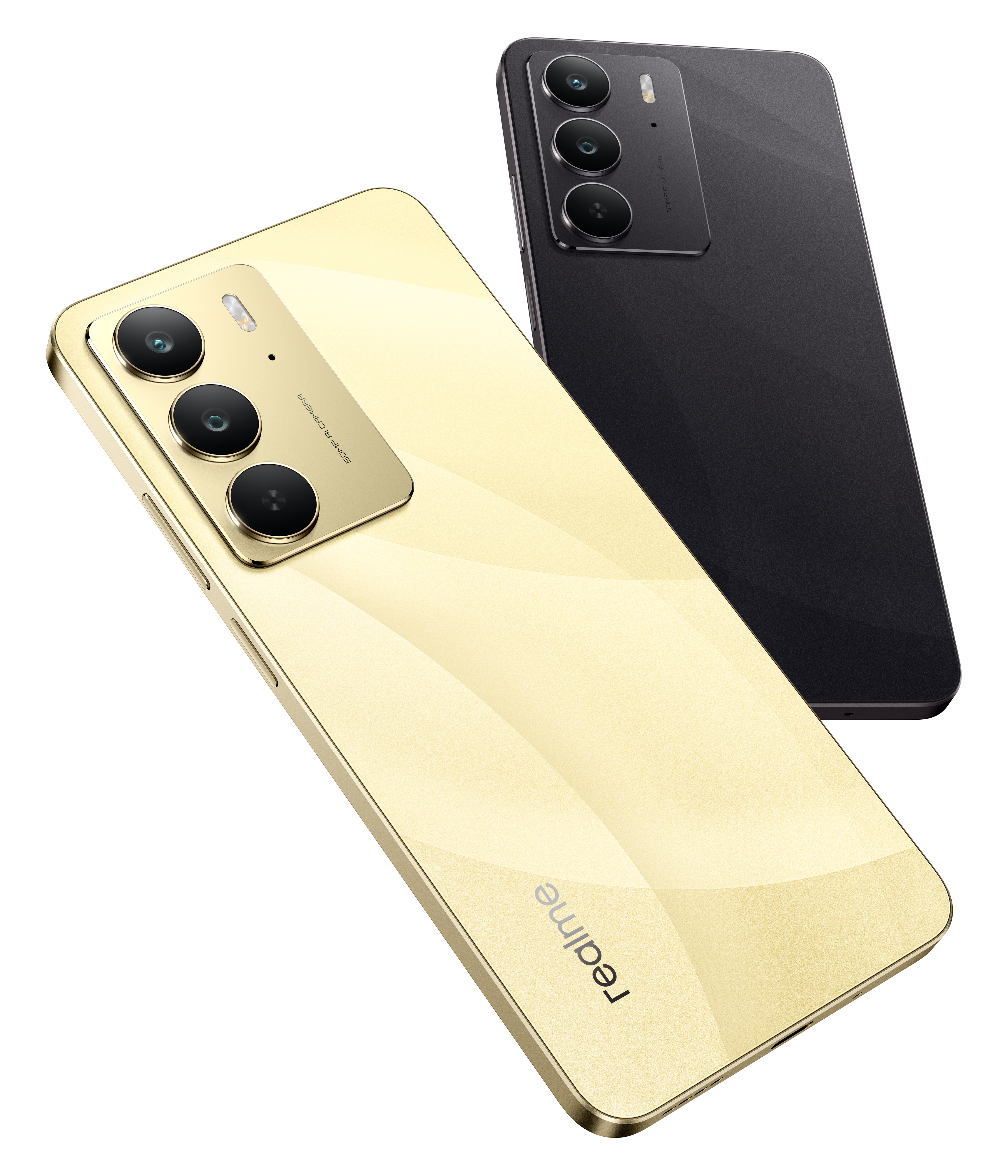 İki akıllı telefon, biri altın, diğeri siyah, kamerayı gösterecek şekilde konumlandırılmış.