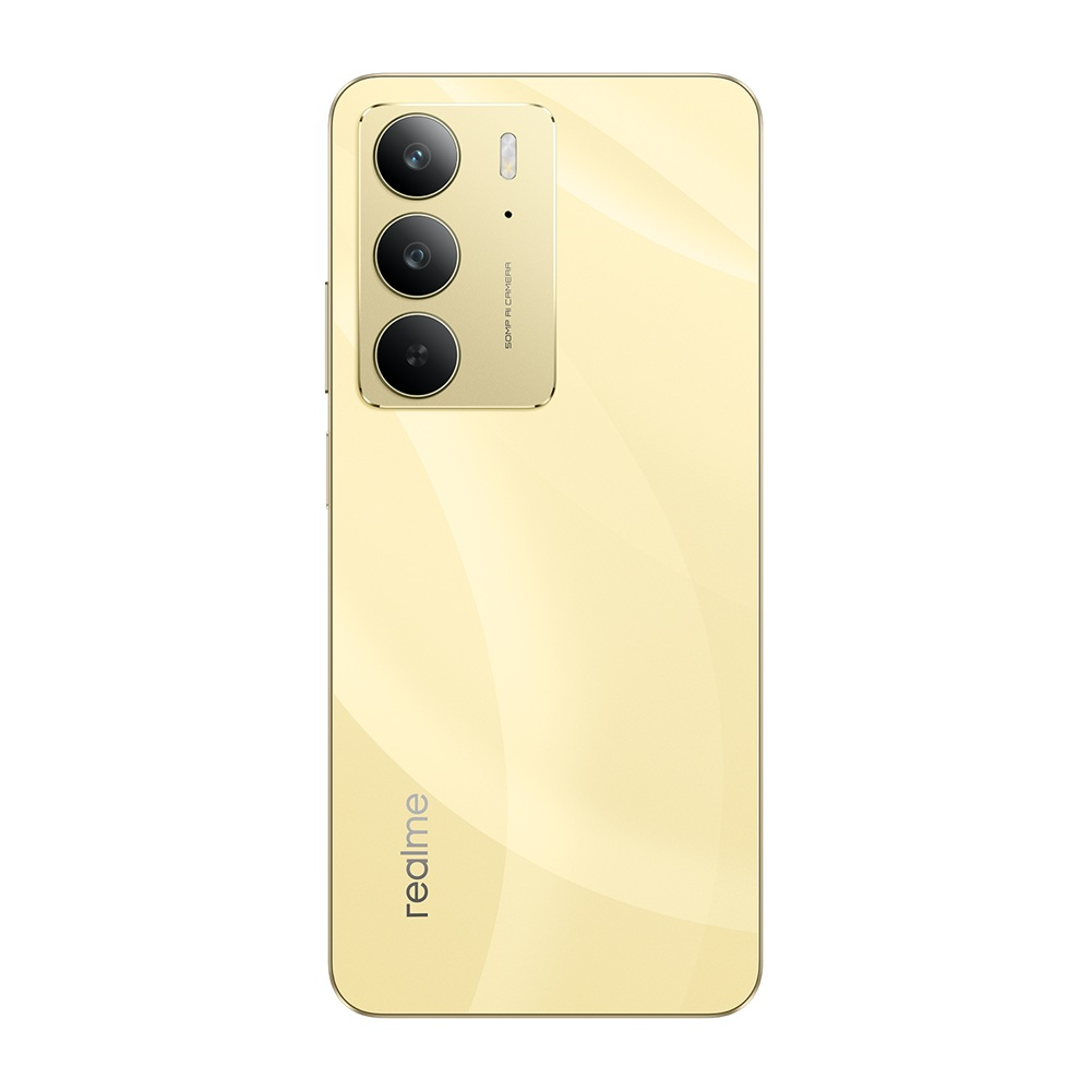 Üç kameralı sarı bir akıllı telefonun arkası ve altta Realme logosu.