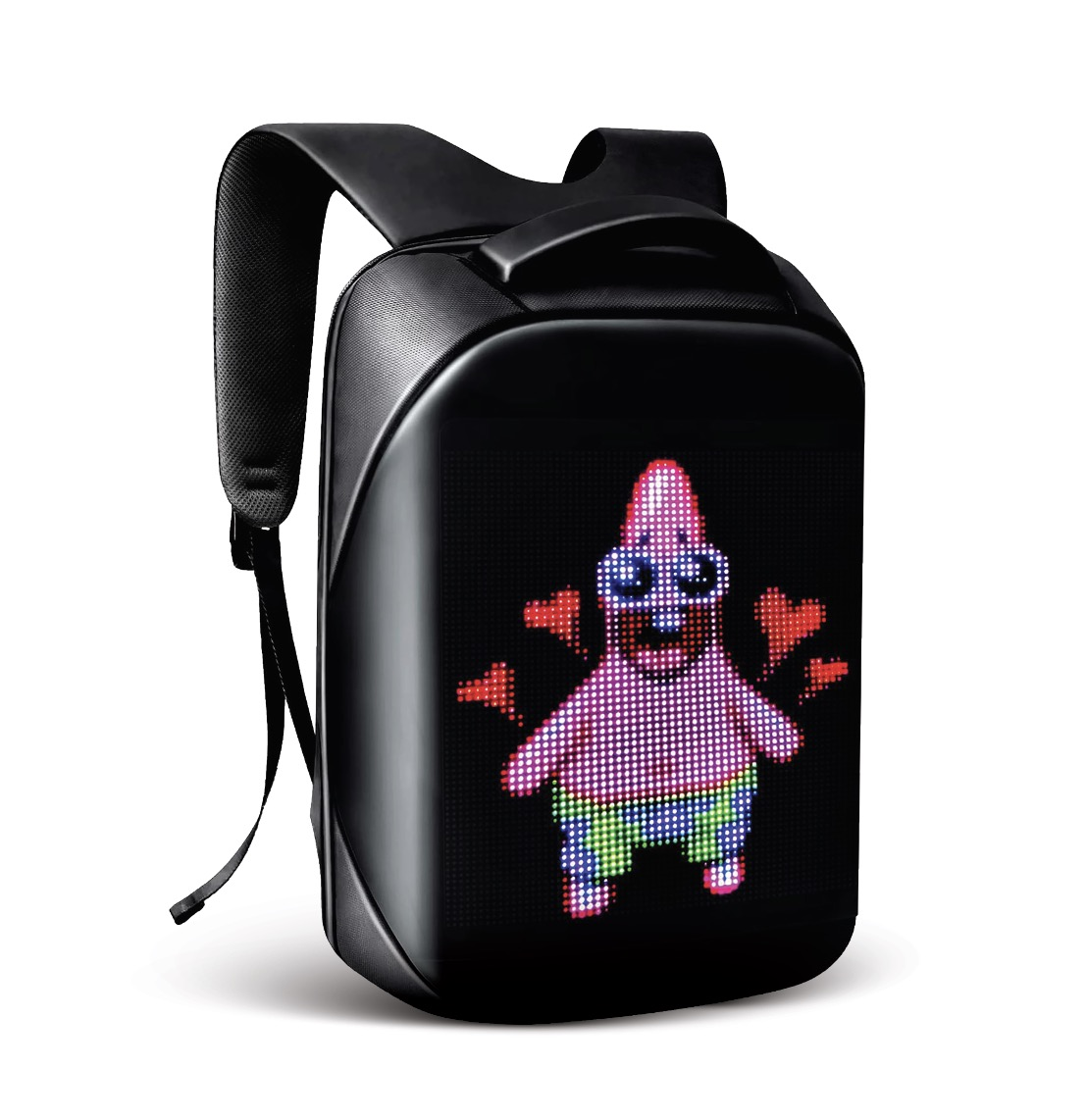 Kalpleriyle Patrick Star'ı gösteren bir ekranı olan siyah sırt çantası.