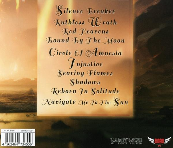 CD-Cover mit Songtiteln: Silence Breaker, Ruthless Wrath, Red Heavens usw.