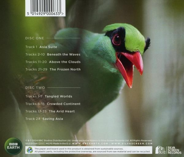 Ein grüner Vogel mit rotem Schnabel auf der Rückseite einer CD-Hülle, mit Text über die Tracks.