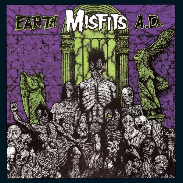 Albumcover-Art. Gruppe von Zombies und Skeletten mit lila Hintergrund.