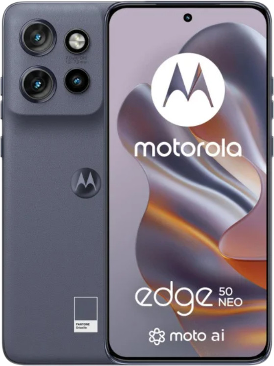 Telefon Motorola Edge 50 Neo. Niebiesko-szary tył, potrójny aparat, przedni ekran.