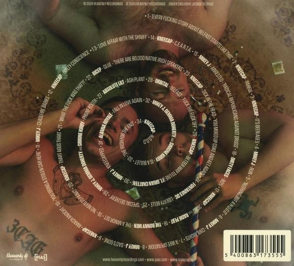 CD-Cover mit vielen Songtiteln und zwei Männern ohne Hemd. Der Text ist spiralförmig angeordnet.