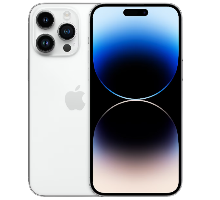 Üç arka kameralı beyaz bir iPhone. Ekran mavi ve siyah bir gradyan gösteriyor.