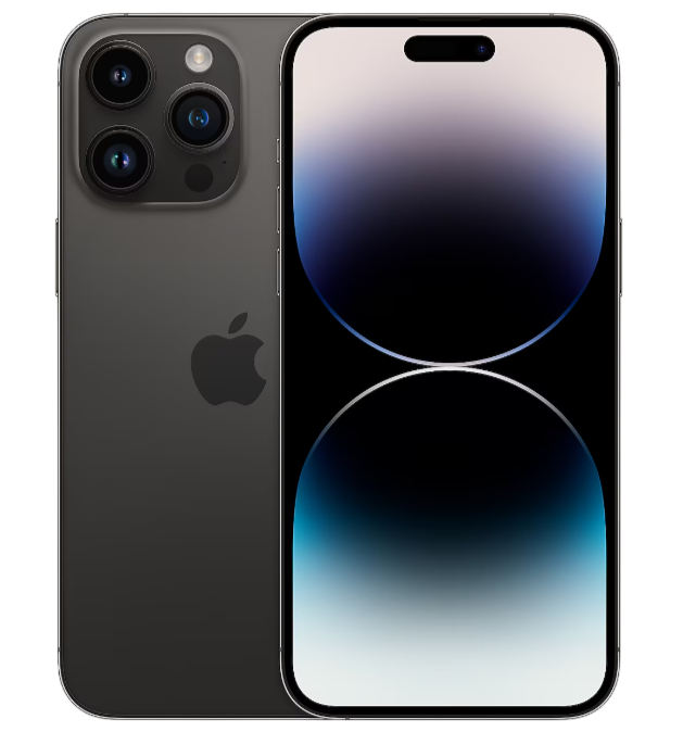 Arka tarafında üç kamerası ve gradyan gösteren bir ekranı olan koyu gri bir iPhone.