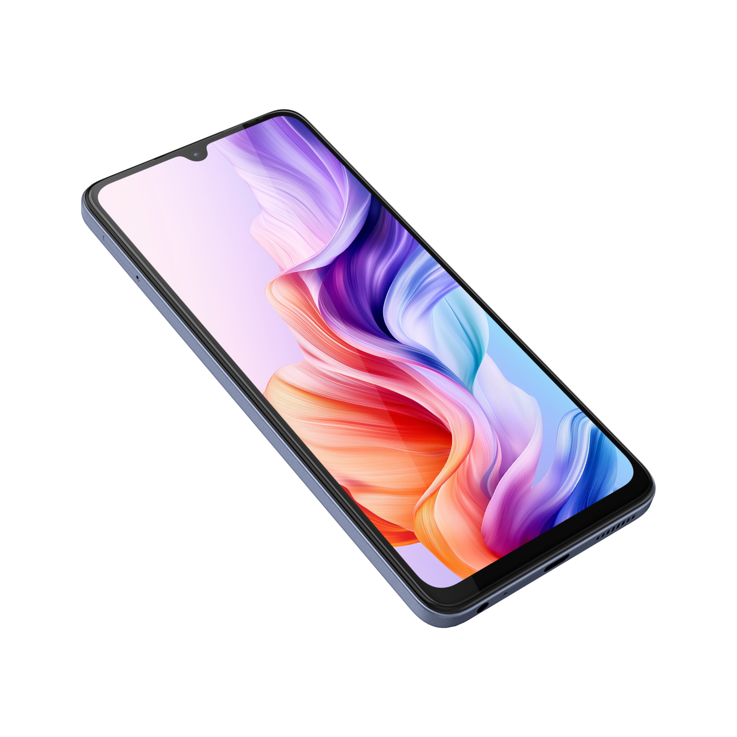 A phone with a colorful, abstract design on its screen is shown at an angle on a black background.