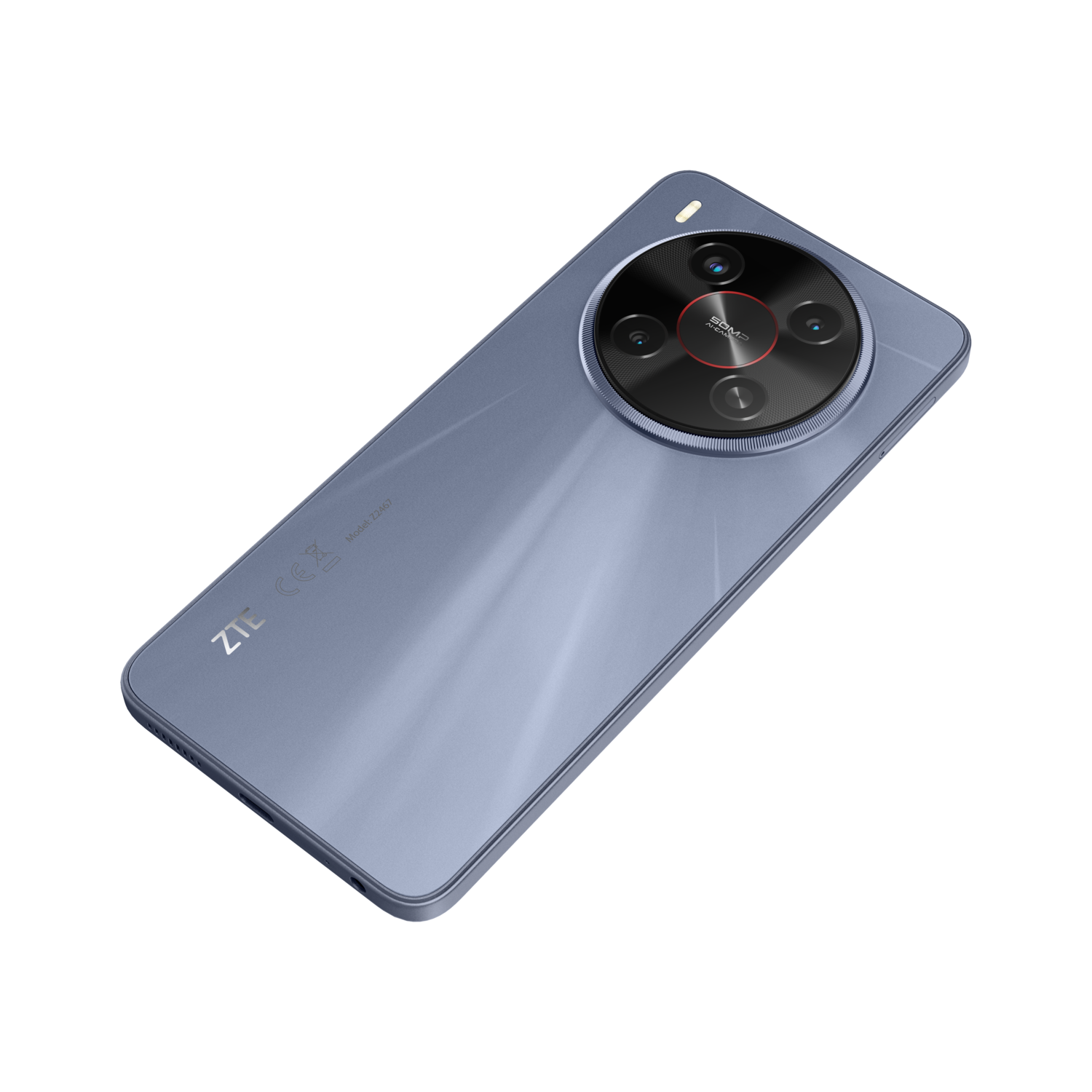 A light blue smartphone with a circular camera module, angled view.