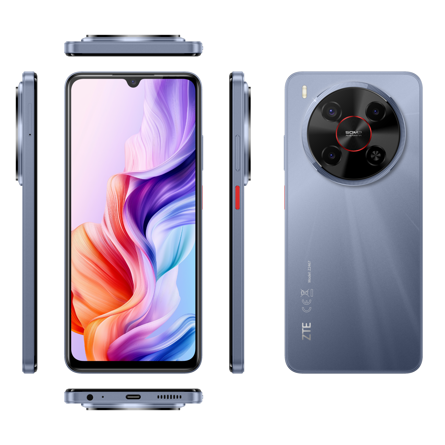 Blue phone with multiple views. Side, top, and back views are shown. There are multiple cameras.