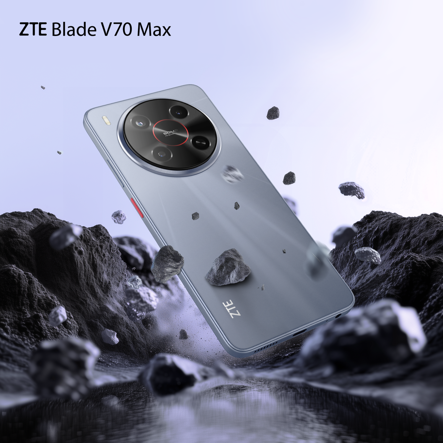 ZTE Blade V70 Max phone, gray, floating above dark rocks.