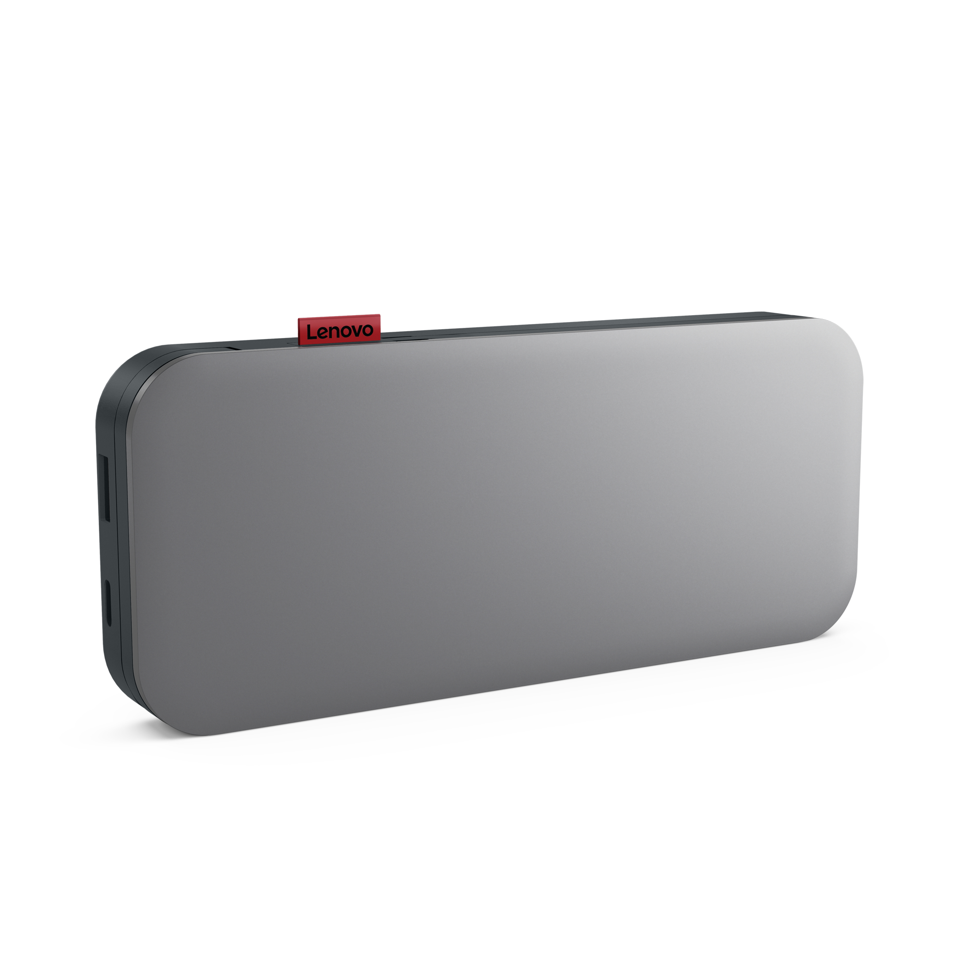 Graue Lenovo Powerbank. Rotes Lenovo-Etikett oben. Hat Anschlüsse an der Seite.
