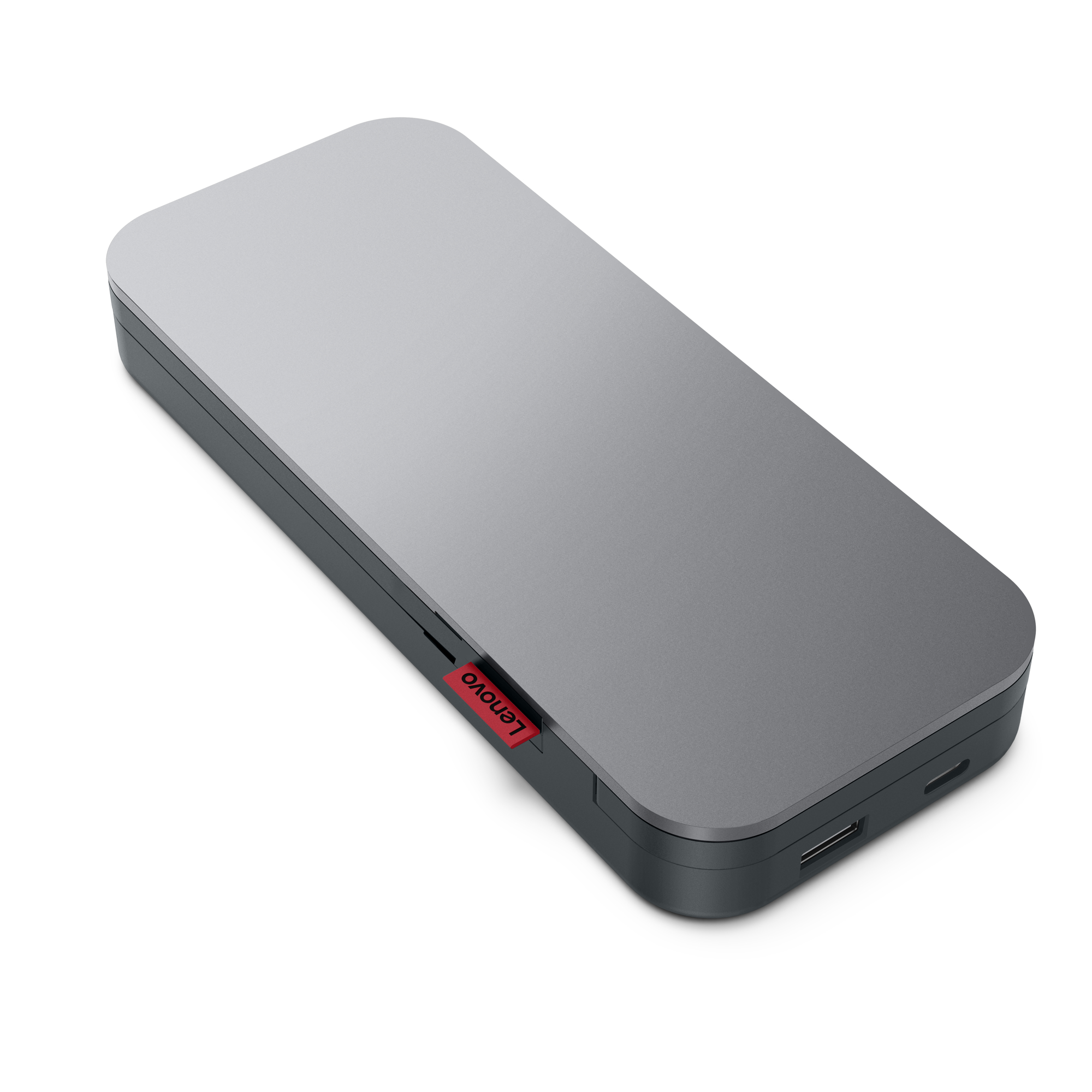 Graue, rechteckige externe Festplatte von Lenovo, rotes Lenovo-Logo an der Seite, auf weißem Hintergrund.