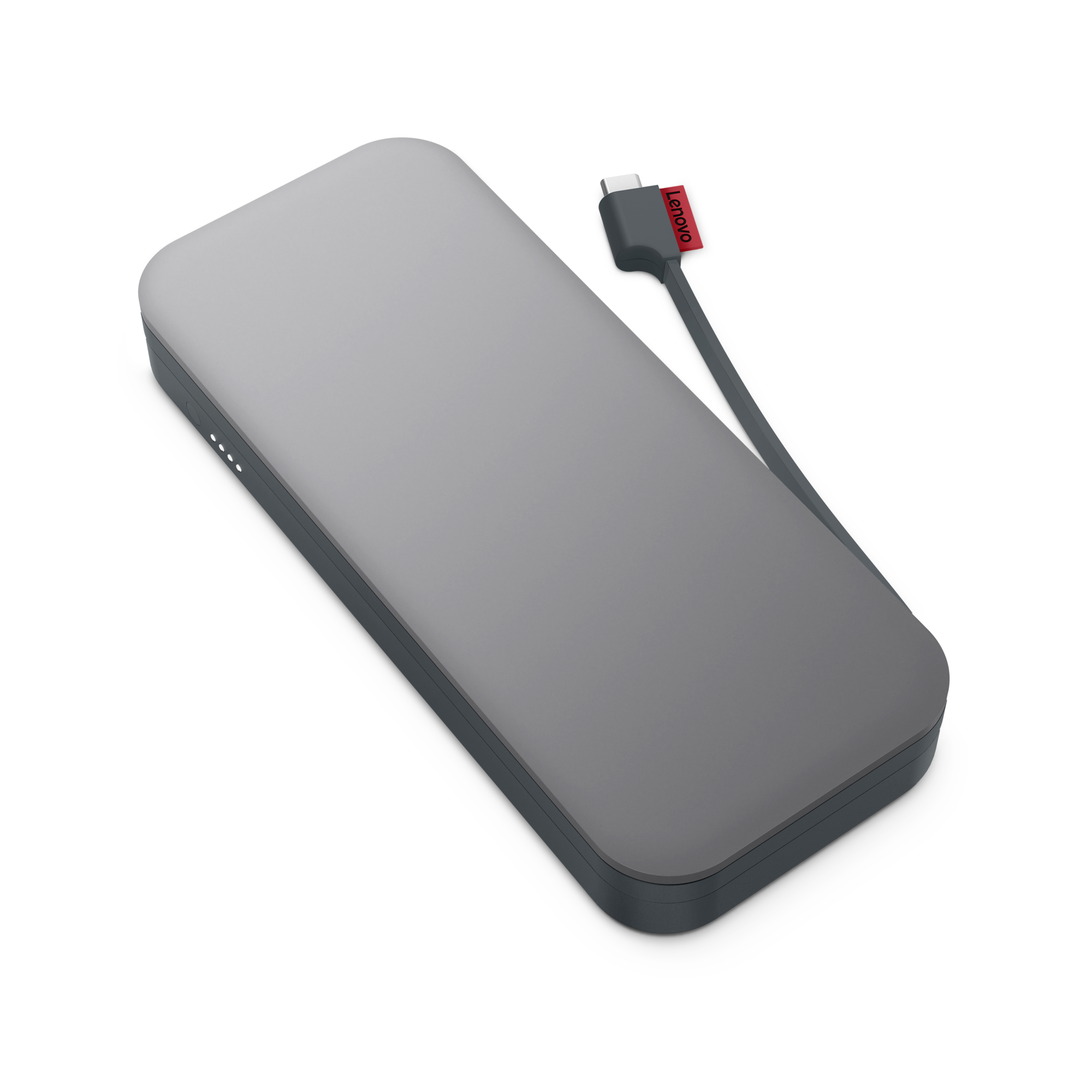 Eine graue Powerbank mit schwarzem Rand und rotem Kabel. Der Markenname Lenovo ist zu sehen.