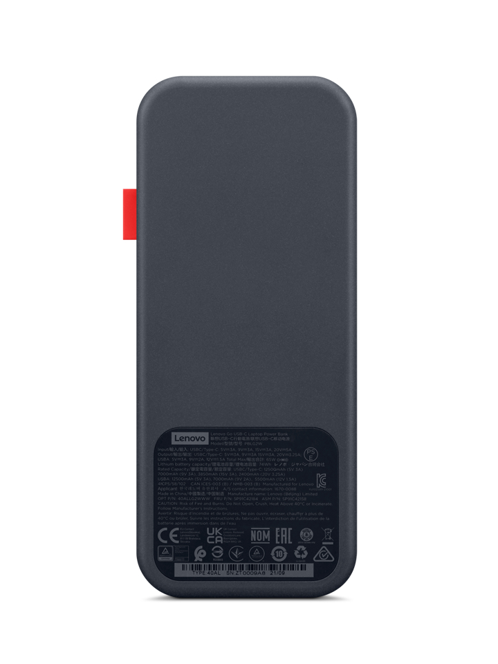 Schwarze Lenovo Powerbank mit rotem Akzent. Rückseite mit Text.