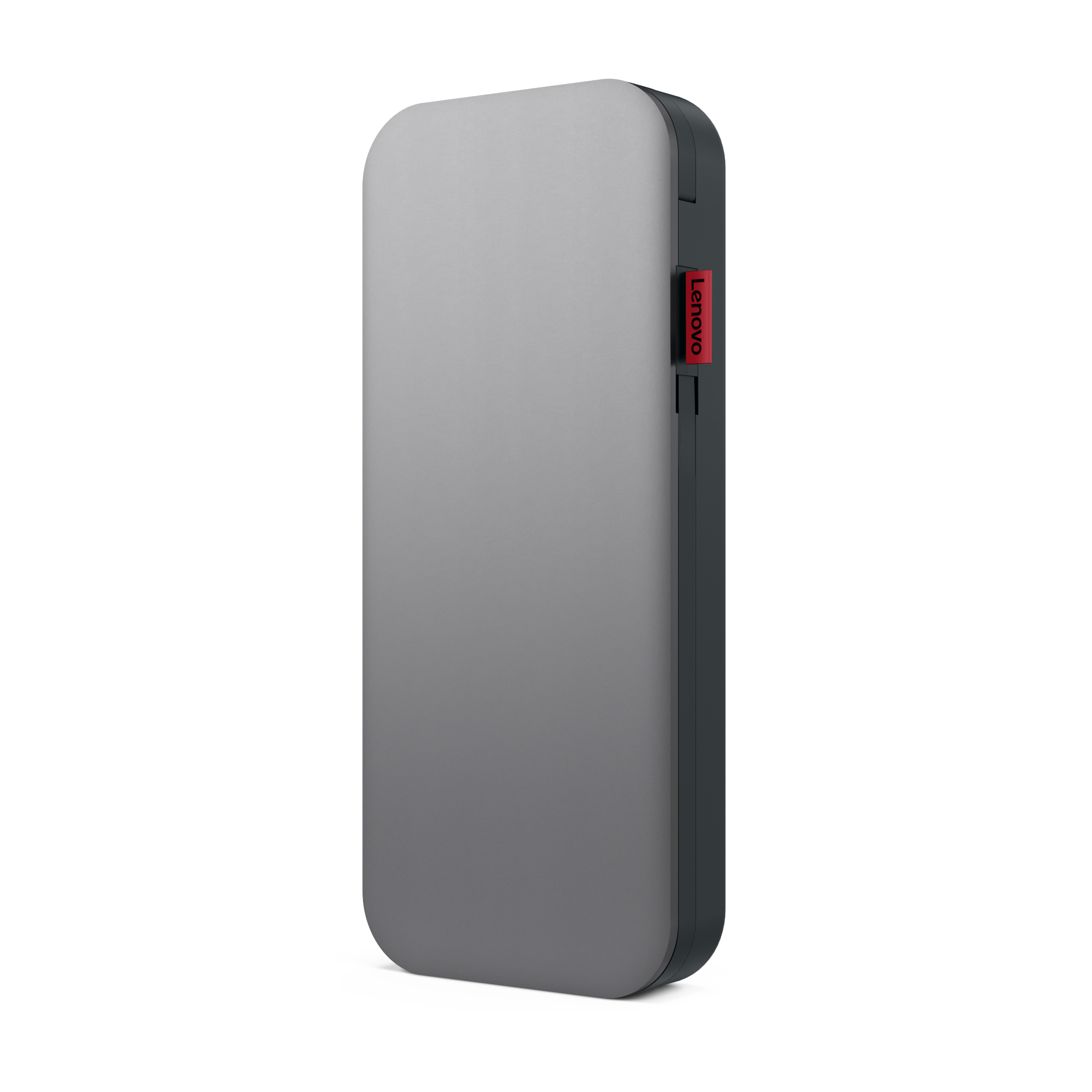 Ein graues Lenovo-Gerät mit rotem Lenovo-Logo.