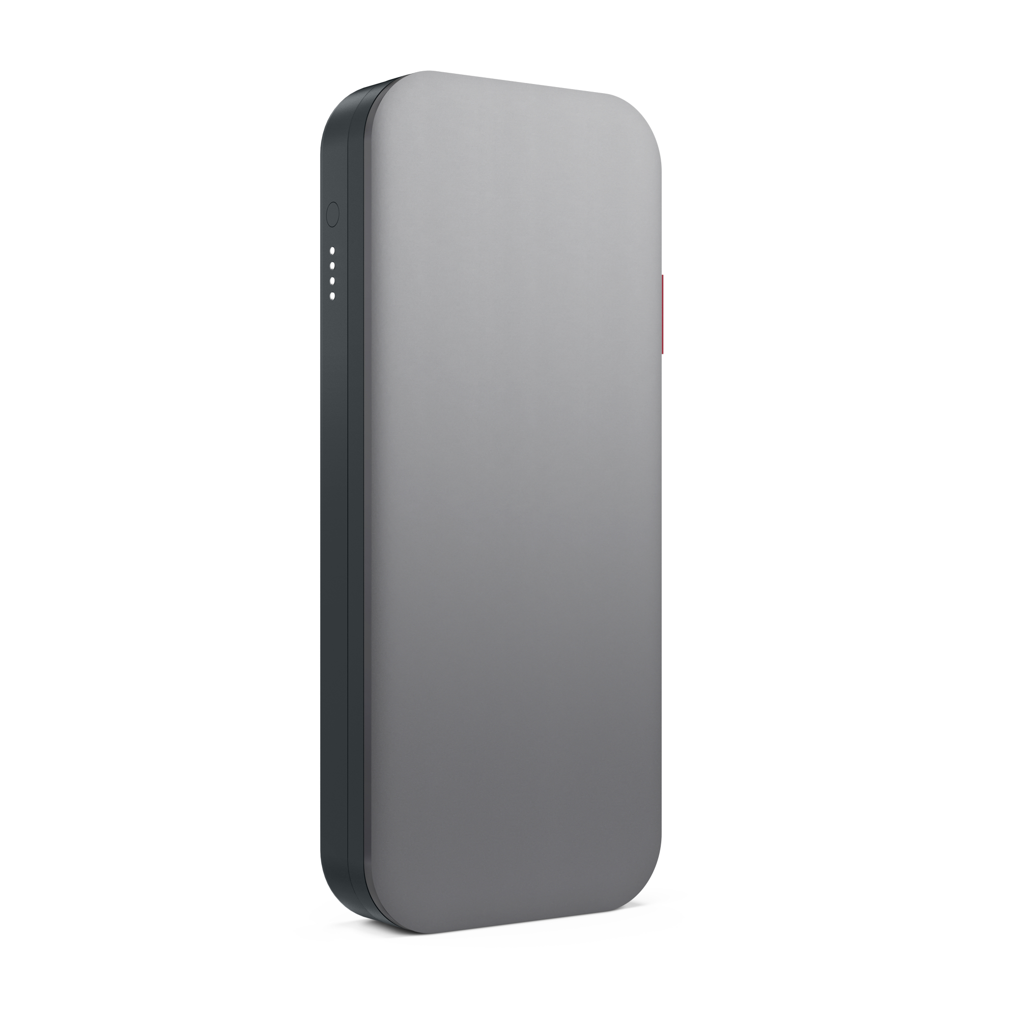 Eine Powerbank in Grautönen mit schwarzen Seiten und einem roten Knopf.